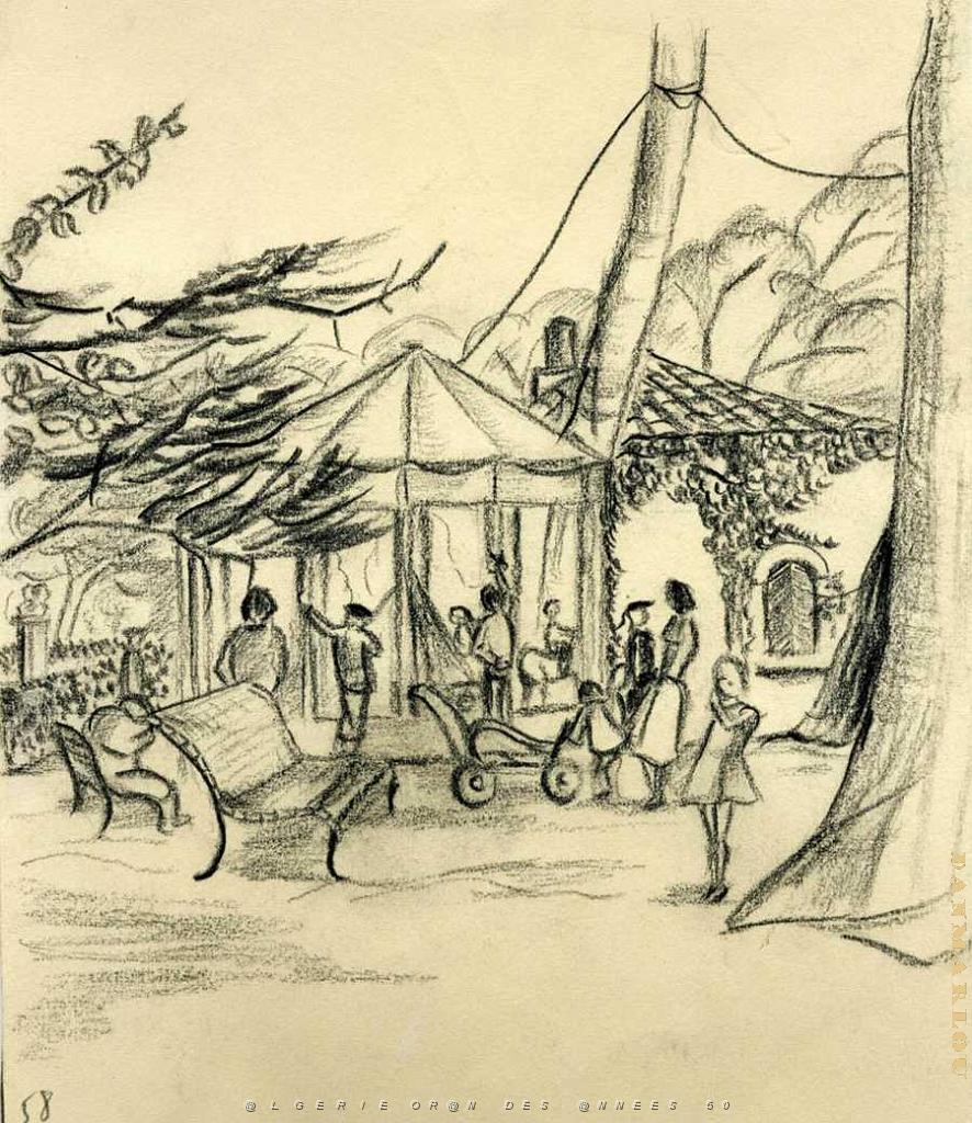1958 MANEGE AU JARDIN PUBLIC DESSIN SUR LE MOTIF.JPG